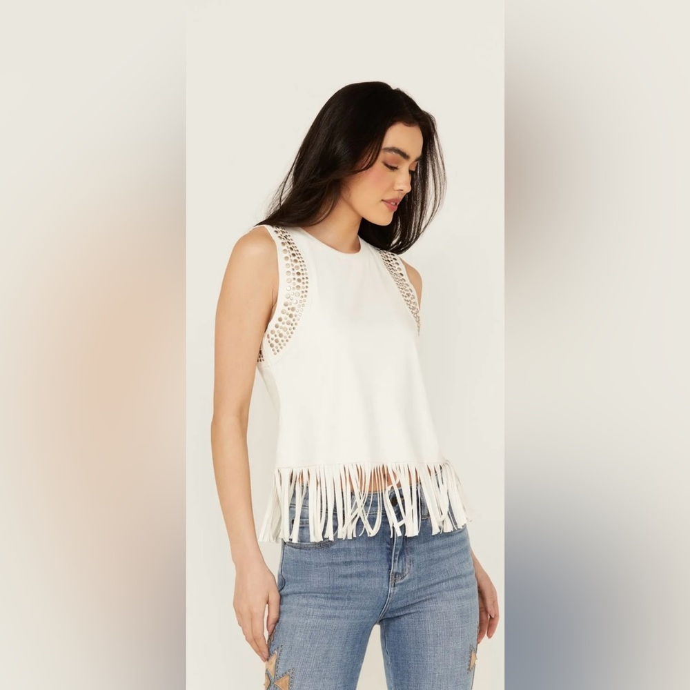NWT//IDYLLWIND IVORY LILLIAN STUDDED FRINGE FAUX SUEDE TANK TOP - Picture 2 of 6